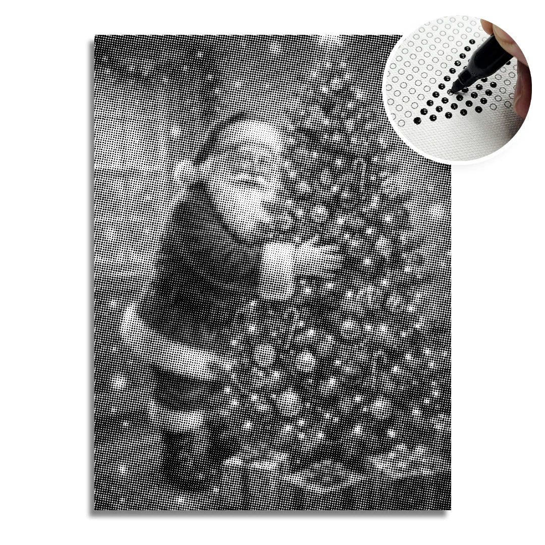 Jultomten dekorerar målningen med julgransprickar