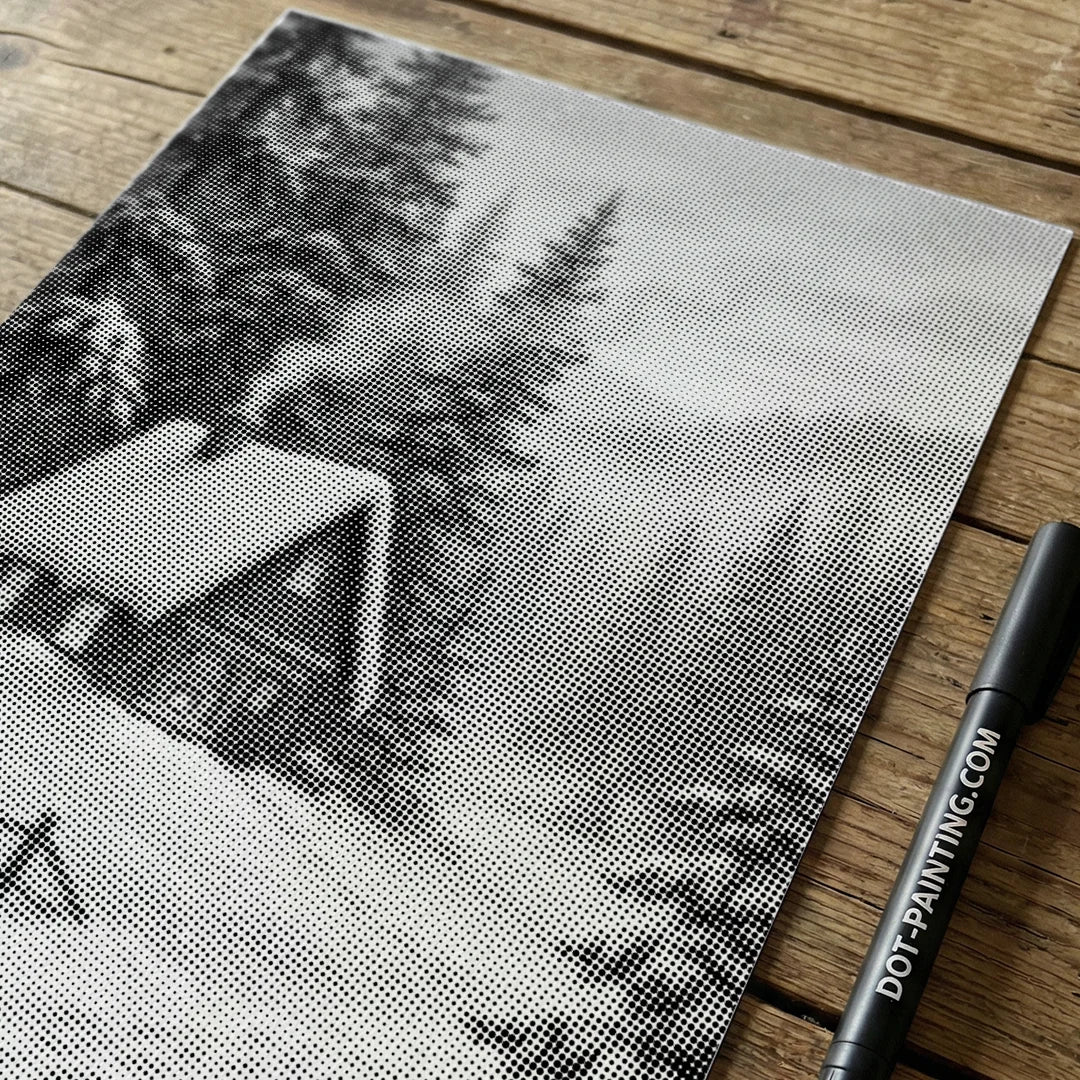 Mysigt hus i målningen Snow Dot